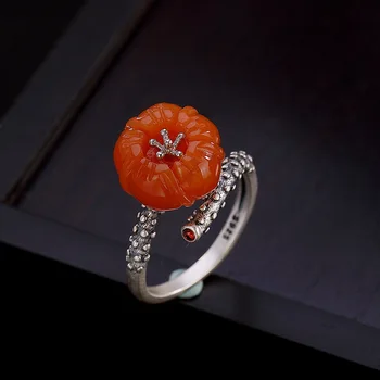 

New S925 pure silver retro natural natural south red agate mosaic plum personalized opening lady ring ring