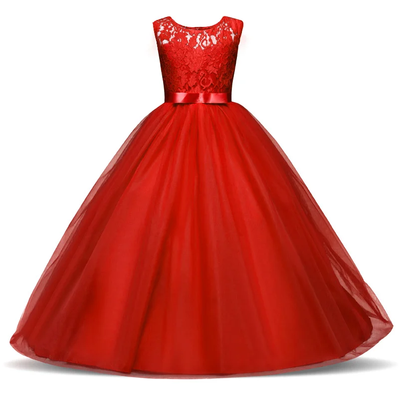 New Princess Lace Dress Kids Flower Embroidery Dress For Girls Vintage Children Dresses For Wedding Party Formal Ball Gown 14T