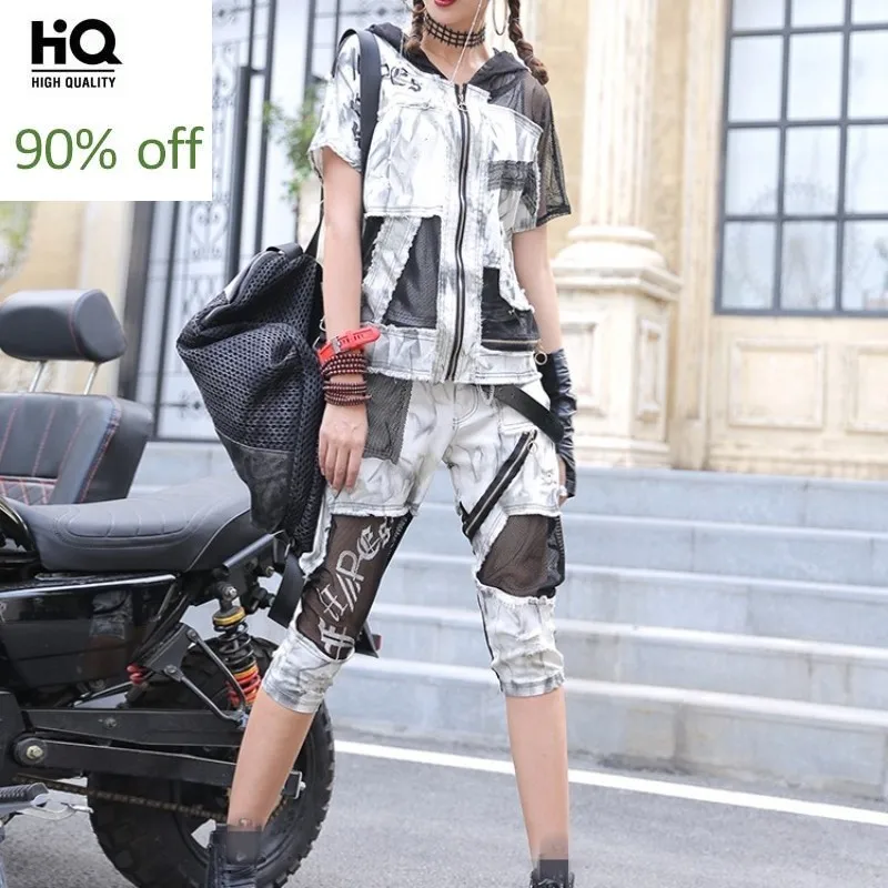 

2020 Summer Lightweight Calf Length Pants Short Sleeve Mesh Patchwork Hooded Tops Coats Women 2 Piece Set Hip Hop Streetwear