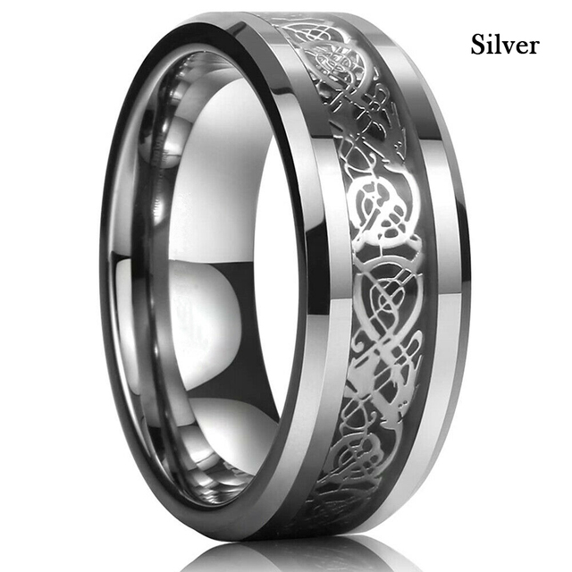 Colors 8mm Men's Stainless Steel Celtic Dragon Ring Inlay Red Green Black Carbon Fiber Ring Wedding Band Jewelry Size 6-13