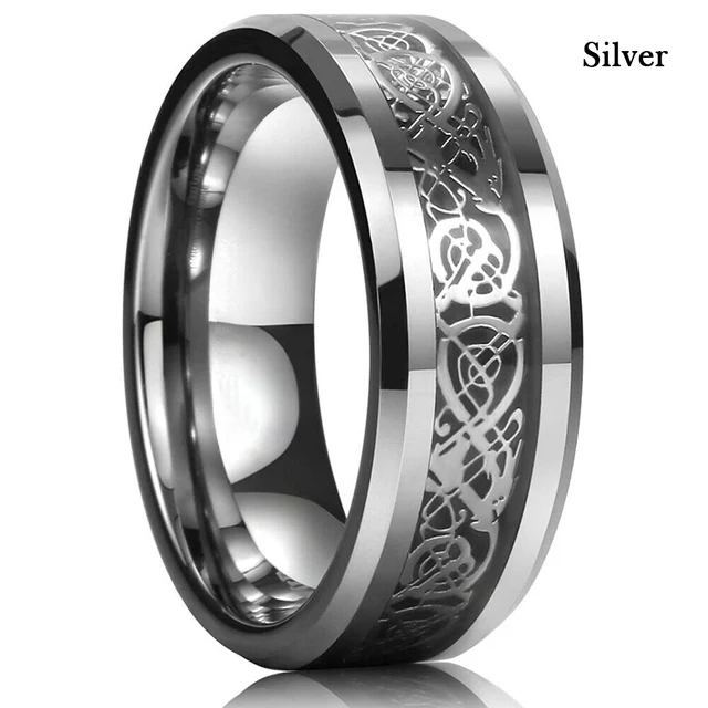Mens Steampunk Gear Wheel Stainless Steel Ring Dragon Inlay Light Blue Carbon Fiber Ring Gothic Mens Wedding Band Size 6-13 Silver