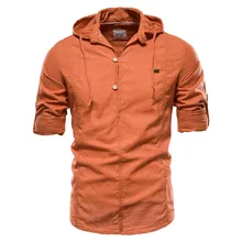 Novo design hoodied manga longa camisa de linho masculina cor sólida 100% algodão qualidade camisa do pulôver para camisas masculinas