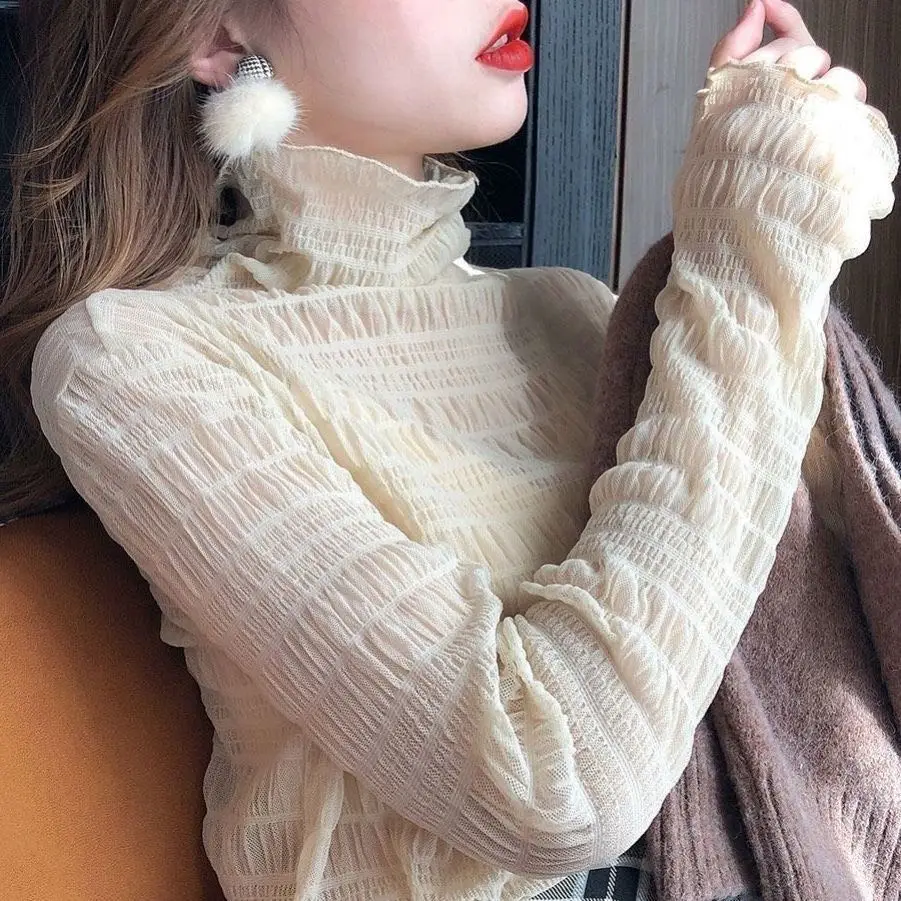 Blouse Shirt Mesh Pleated Lace Korean-Style Design Winter Women Tops Sexy Sense Bottoming