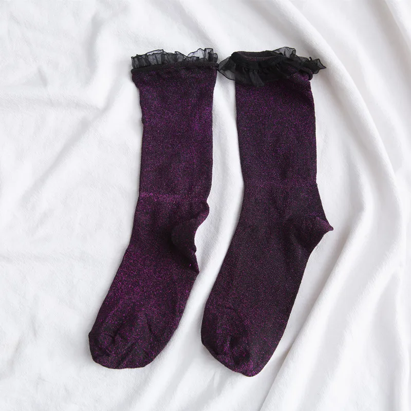 10Pairs Japanese autumn women's socks Ms lace solid color bright silk in tube socks preppy fashion silver onions socks woman - Цвет: 2