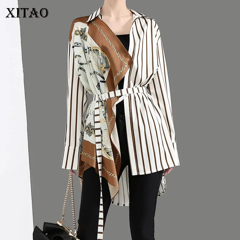 

XITAO Striped Bandage Jacket Women Korea Fashion Irregular Patchwork Turn Down Collar Print Goddess Fan 2019 Coat New WQR1511