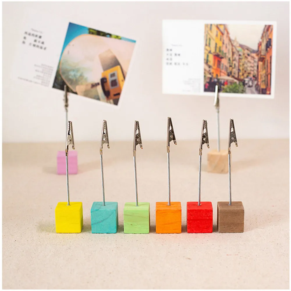 

2PCS Color Square Message Clip Iron Note Clip Desktop Ornaments Postcard Clip Wooden Clamps Stand Photos Clips Desk Organizer