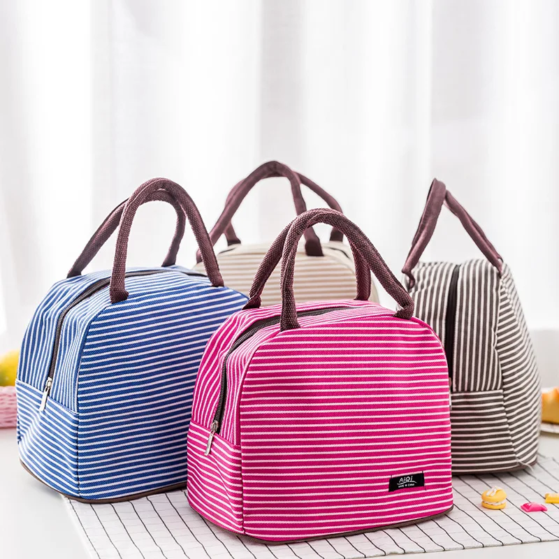 Women Portable Lunch font b Bag b font Canvas Stripe Insulated font b Cooler b font