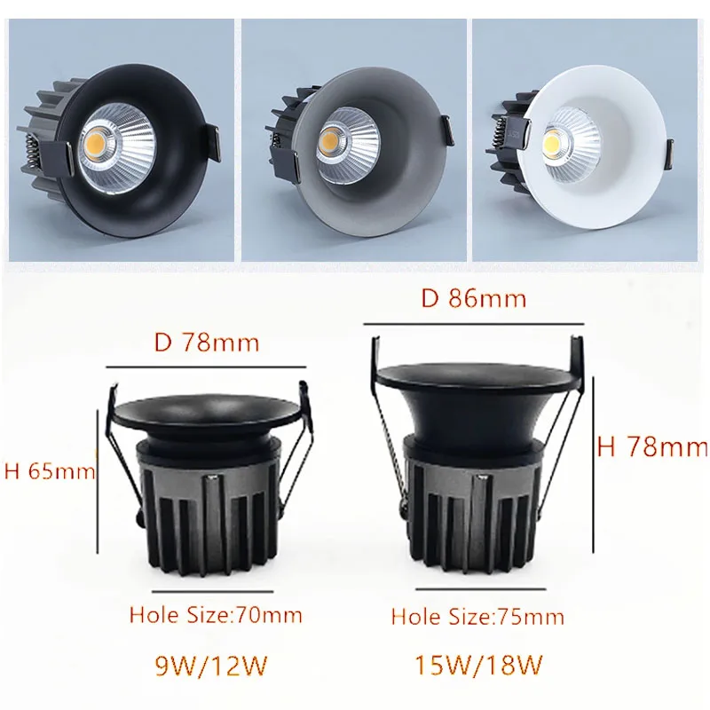 LED adjustable COB Concentrator AC85-265V 9W 12W 15W 18W Simple aluminum groove round down light led downlight recessed ceiling spotlight ceiling lamps