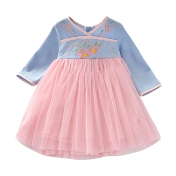 

Autumn Baby Girl Dresse Long-Sleeved Flower Pattern Patchwork Mesh Dress Chinese Style Kids Dresses Children Girls Clothes