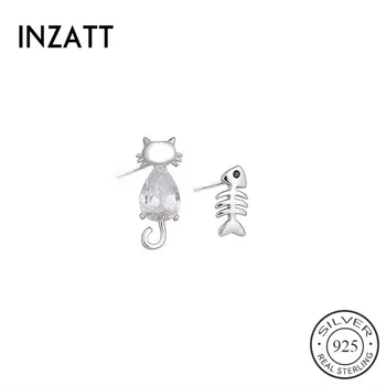 

INZATT Real 925 Sterling Silver Animal Zircon Cat Stud Earrings For Fashion Woman Cute Fine Jewelry MInimalist Accessories Gift