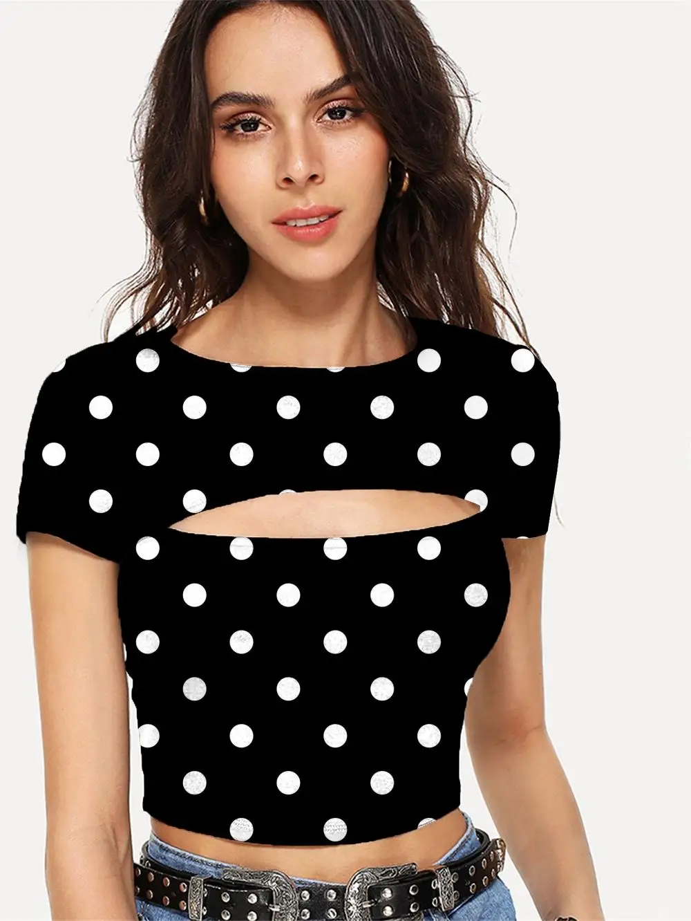 

Футболка в горошек для женщин, с коротким рукавом и круглым вырезом