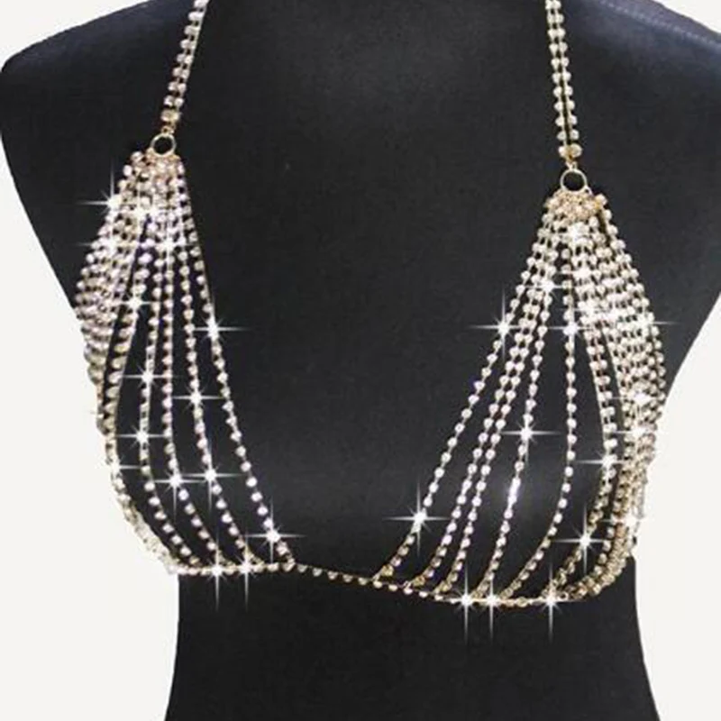 Sexy Body Chain Bikini Bra Chain Sparkling Rhinestone Harness Body Jewelry for Women Beach Breast Bra Crystal Bralette NL280