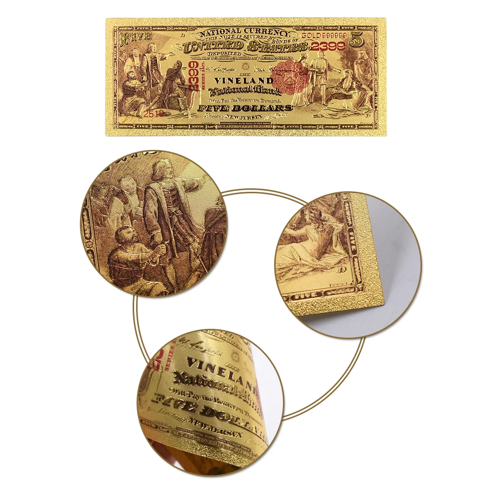 Домашние декоративные сувенирные подарки 1875 года 5 долларов США 24k золотые банкноты США коллекции денежных знаков