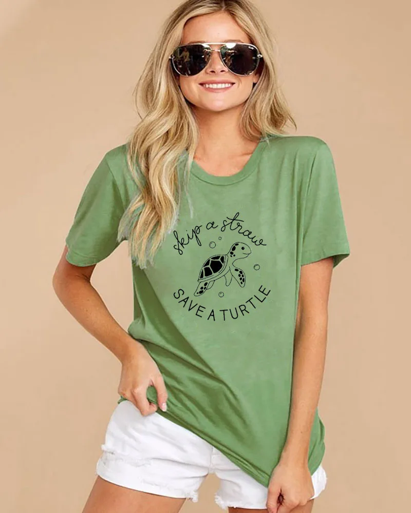 

Skip a Straw Save a Turtle Graphic New Arrival Funny Casual 100%Cotton T-Shirt Environmental Activist Shirts Turtle Lover Gifts