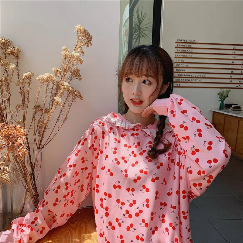 Корейская японская Лолита с оборками с капюшоном Kawaii милый Вишневый принт свободная Лолита Студенческая девушка Женская Толстовка Пуловер толстовки розовый