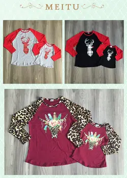 

mom daughter clothes baby girl Christmas clothes girls deer t shirt with leopard print sleeve mum and daughter clothes