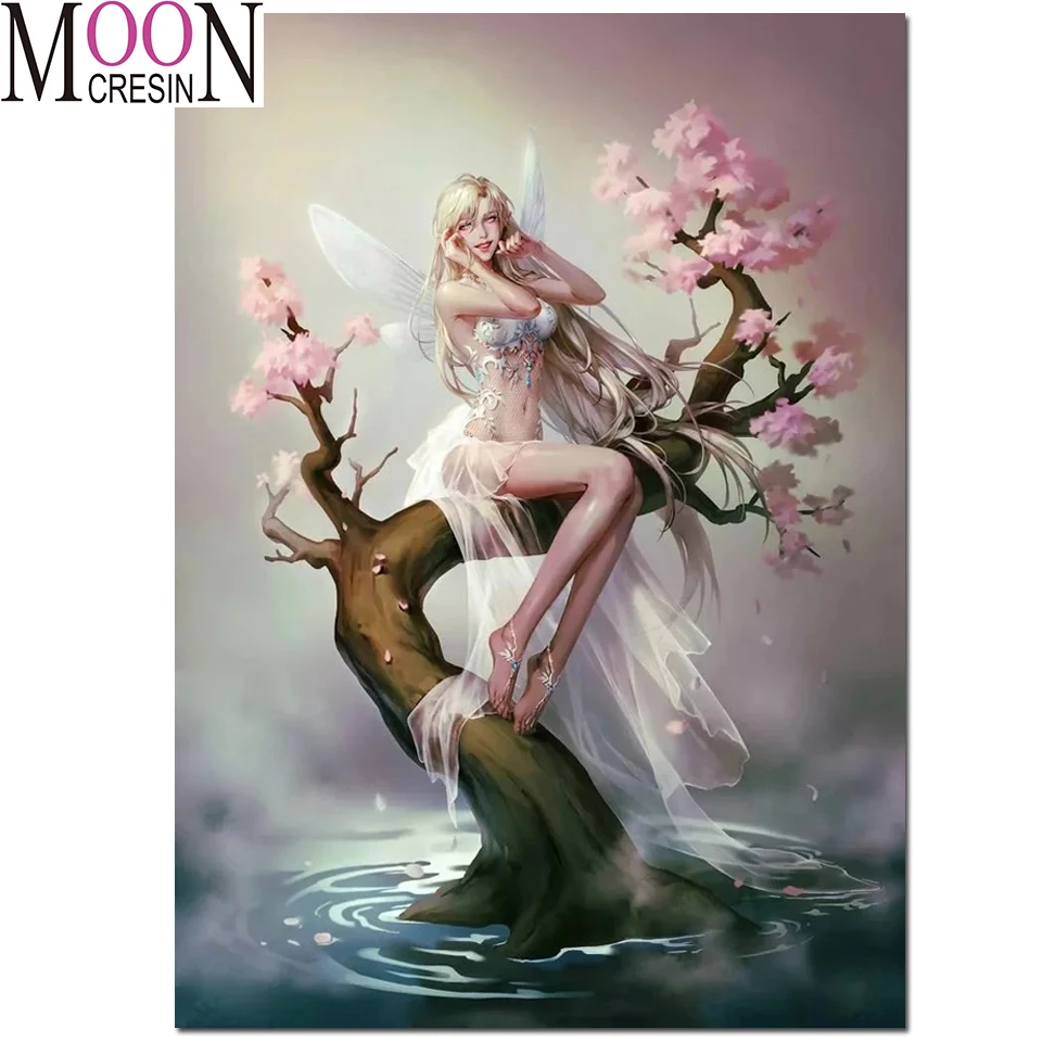 

Full round diamond embroidery fairy Cherry blossoms tree diamond painting 5D square by hand angel picture rhinestones room decor