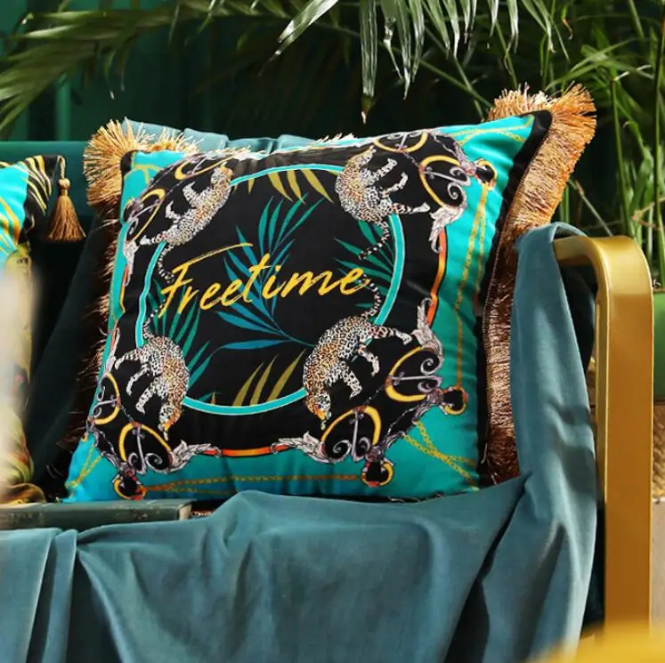 

INS American Velvet Fashion Luxury Print Pillow Cover Decorative Cushion Cover Square Pillow Case With Fringe 30x50cm 45x45cm