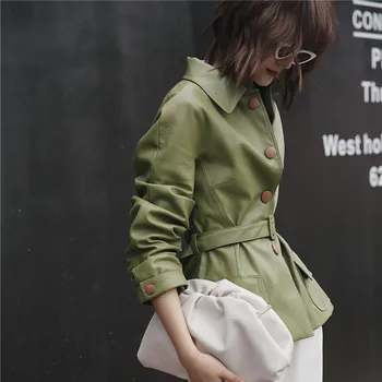 

[LANMREM] 2020 autumn and new products Fashion Vintage Green Lapel Single Breasted Leather Jacket Women PA499