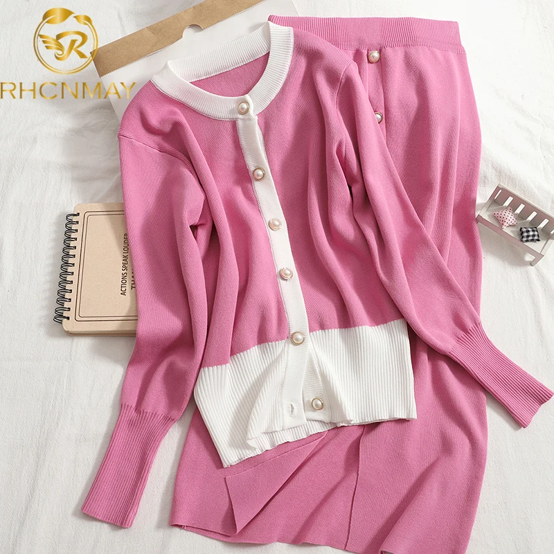 Women Autumn Pink O-Neck Single Pearl Breasted Knit Cardigan + Elastic Split Long Skirt Set OL Elegant Work 2 Piece set Suit |