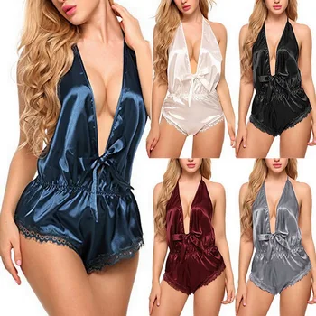 

2020 Women Sexy Lingerie Lace Satin Sleeveless deep V neck Nightdress One Piece Nightgown Mini Sleepwear Set Night Dress Wear