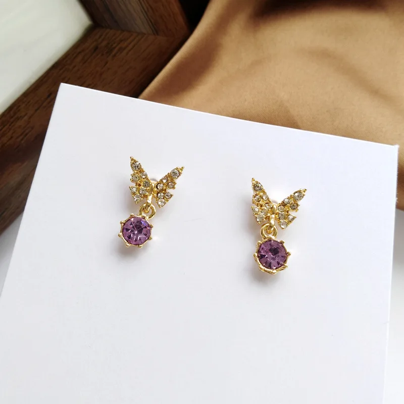 Japanese Fantasy Small Purple Rhinestone Butterfly Zircon Clip on Earrings No Hole Summer Mini Temperament Butterfly Earrings