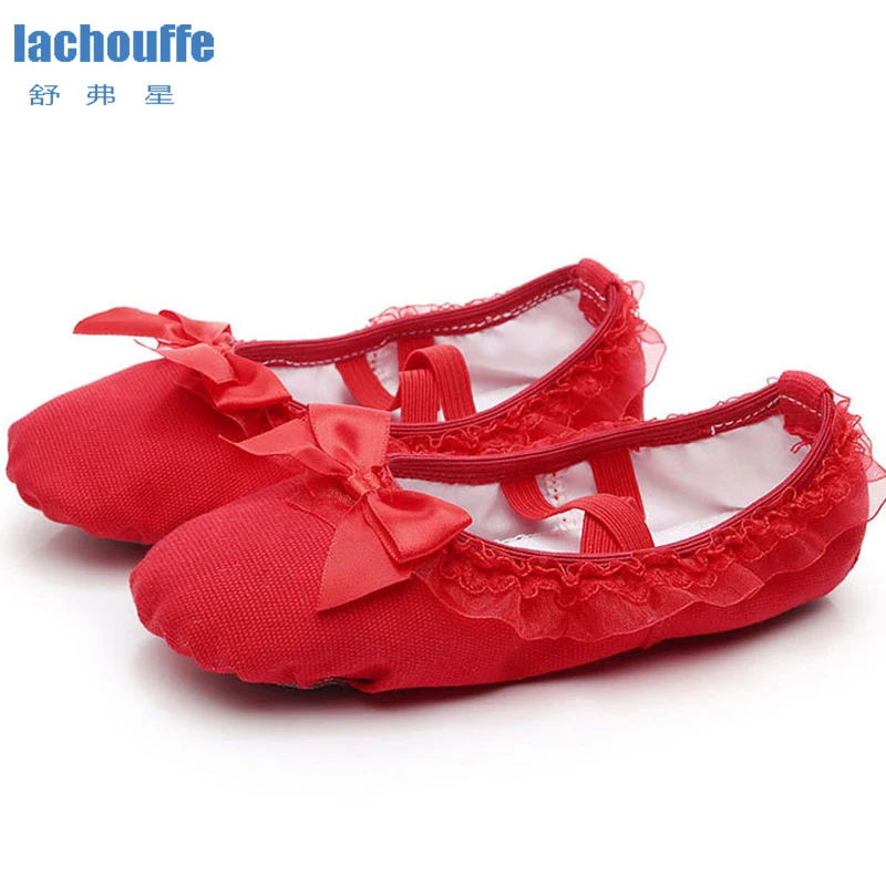 

Kids Lace Bow Ballet Dance Shoes for Girls Soft Sole Pratice Dancing Shoes Children Cotton Canvas Slip on Dance-shoes EU35-37