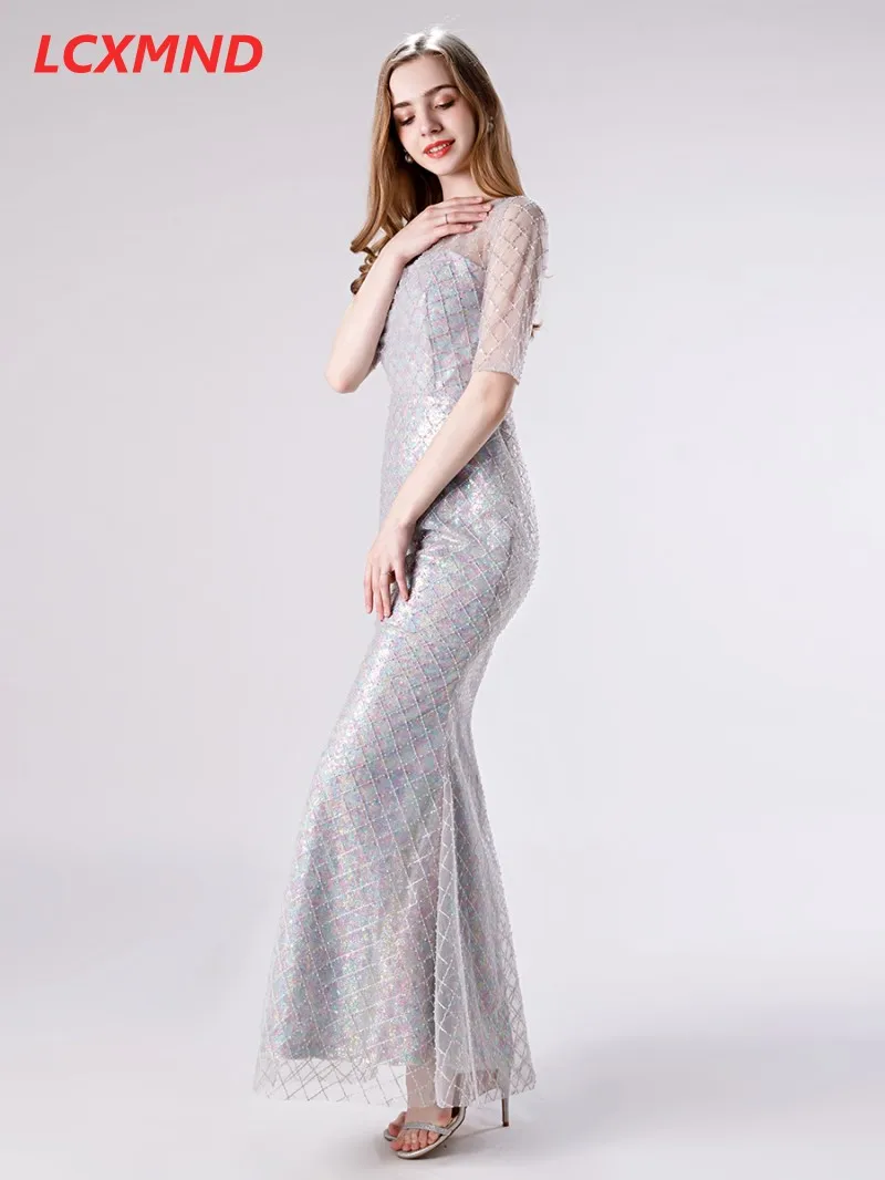 Серый официальный с короткими рукавами Вечерние платья Длинные Vestido de Festa Русалка выпускное платье Robe de Soiree вечерние платья