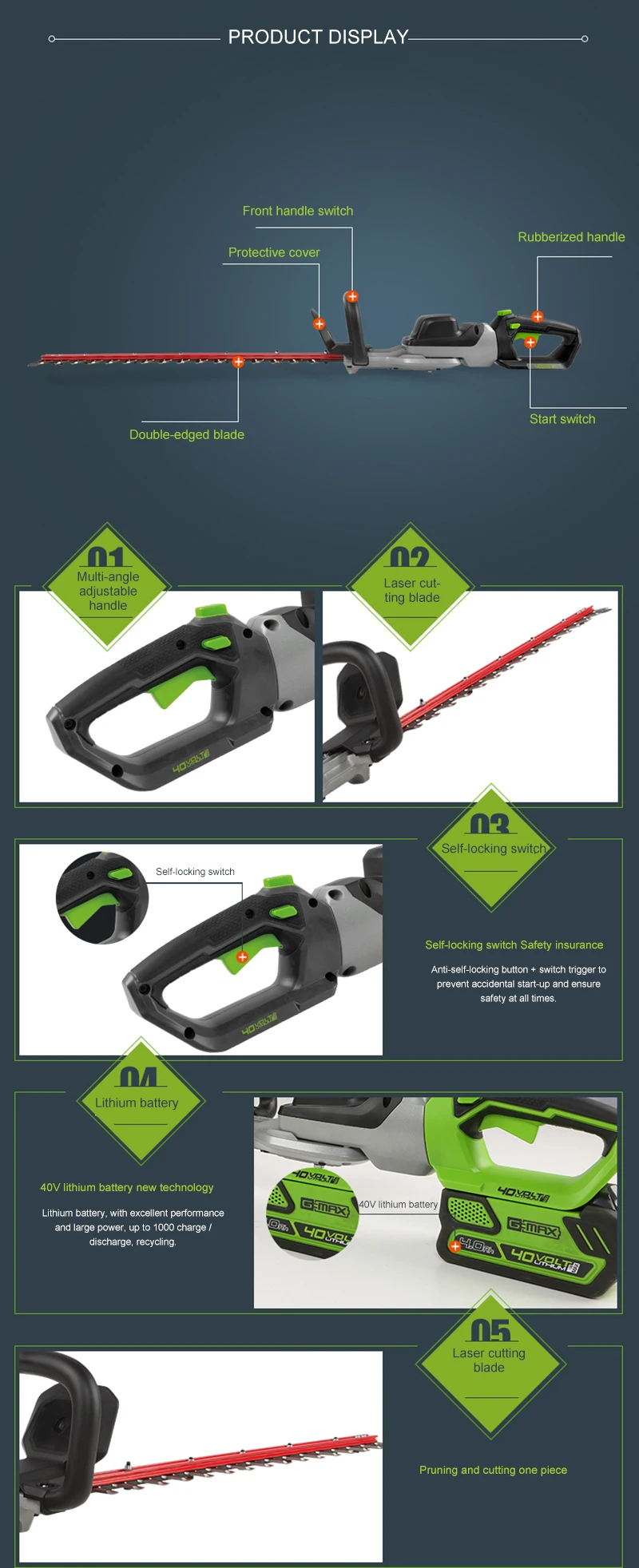GREENWORKS 40V Lithium 350W Cordless Hedge Trimmer Lightweight Low Noise Electric Hedge Trimmer Fast Charging Pruning Saw
