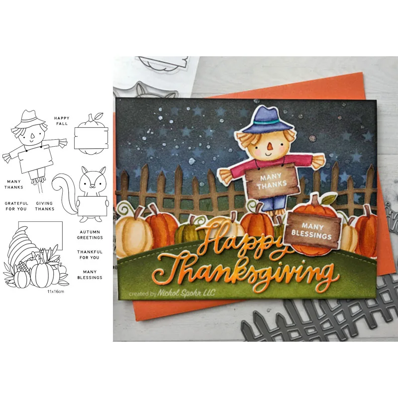 

Happy Autumn Scarecrow Fox Food Decoration Fall Blessing Word Transparent Clear Stamps for DIY Scrapbooking Card Crafts 2019 New