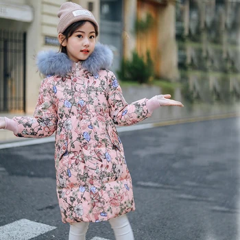 

2019 Winter Down Jacket White For Girls Duck Down Flowers Long Winter Coat Girl 5-14Years Kids teenage Parka For Girls Snowsuit
