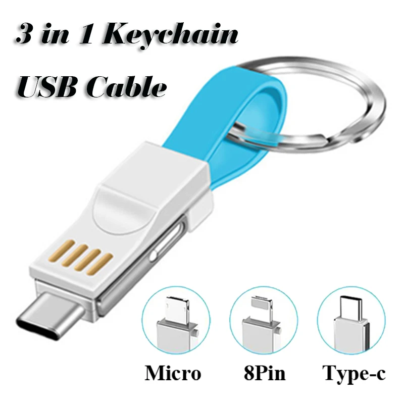 

3 in 1 USB Cable Micro USB Type C 8 Pin Cable For iPhone 11 Pro XR X Samsung for Huawei 3A Mini Keychain Charger Charging Cables