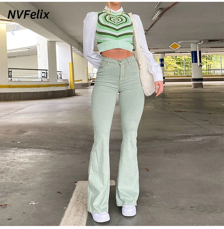 womens clothing Women Flare Jeans Pants Button Down Pants Zipper Stretch Jeggings Elastic Denim Cut Leggings Bootcut Casual Fashion Trousers New white jeans