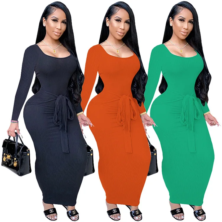 

Casual Solid Elastic Ribbed Skinny Maxi Dresses Women Scoop Neck Full Sleeve Bandage Dress Autumn Female Tie Up Long Party Dress