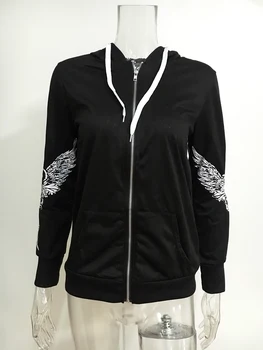 

Casual Halloween Hoodies Sweatshirt Women Lace Up Hat Skull Wings Print Zip Up Hoodie Punk Style Femme Hooded Pullover Women Top