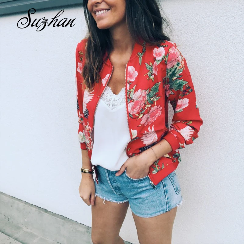 

Suzhan Women's Zipper Jacket Floral Printed Long Sleeve O Neck Tops Sweatshirt Spring Slim Womens Coats And Jackets Outwear