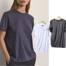 

Elmsk Camisetas Verano Mujer 2021 England Style Solid Simple O-neck Pockets cotton Basic Tshirt Summer Tshirt Women Tops