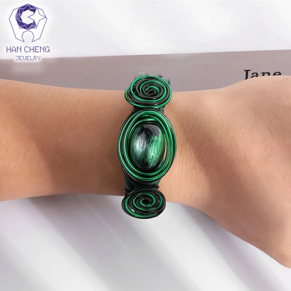 HanCheng Модный классический браслет ручной работы с кожаной проволокой массивный браслет с деревянными бусинами и браслеты для женщин ювелирные изделия