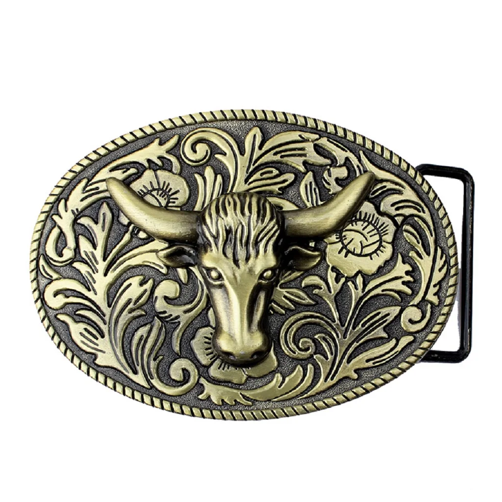 Arabesque Cow Bull Vintage Longhorn Buffalo Head Men' S Leather Belt Buckle Metal Cowboy 9.0 x 7.0cm