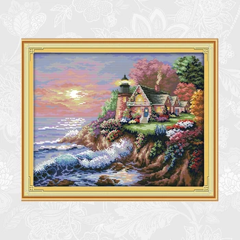 

The Seaside Lighthouse Paintings Embroidery Counted Printed On Canvas 11CT 14CT Chinese Cross Stitch kits Beginner Home Decor