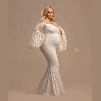 

Elegant Maternity Lace Maxi Gown Dress for Photo Shoot Lantern Sleeve Cotton Pregnancy Clothes White Pregnant Dress Photography