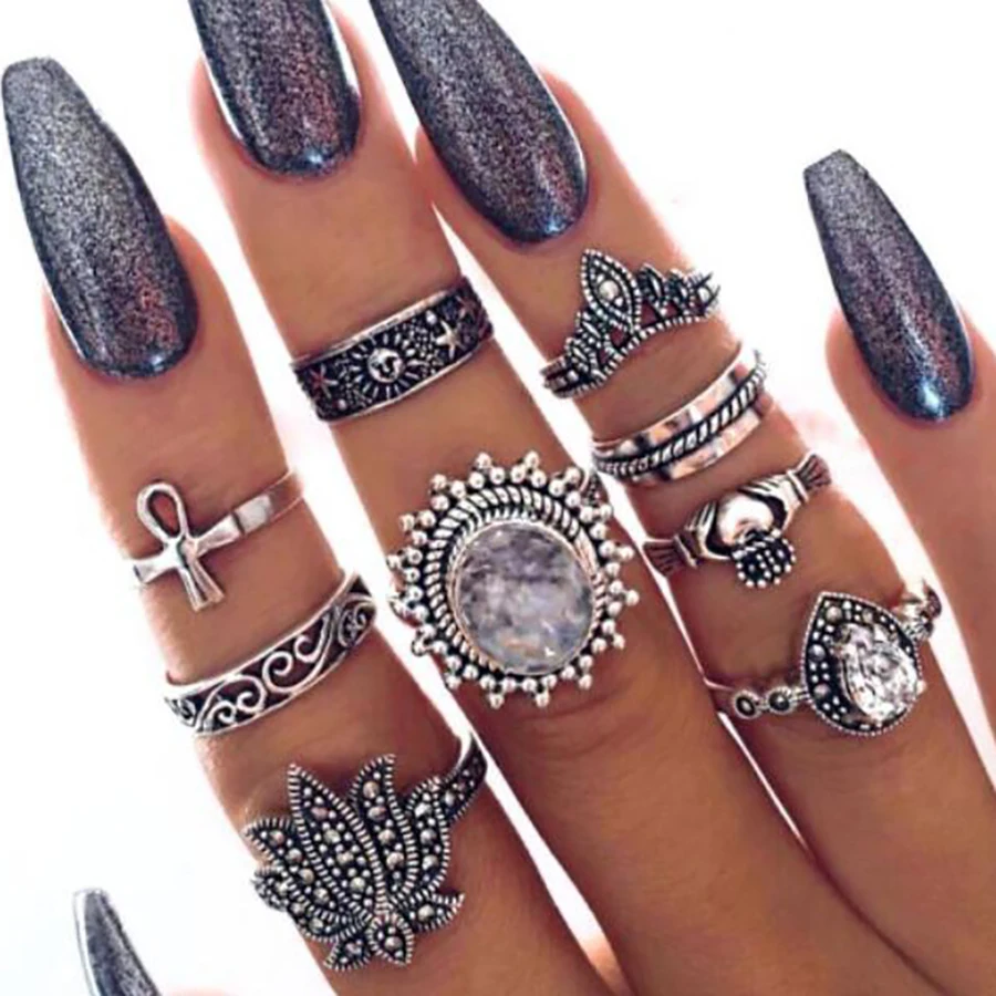 

Silver color Retro Knuckle Rings For Women Vintage Geometric cross pattern crystal Ring Set Party Bohemian Jewelry 9 PCS/Set