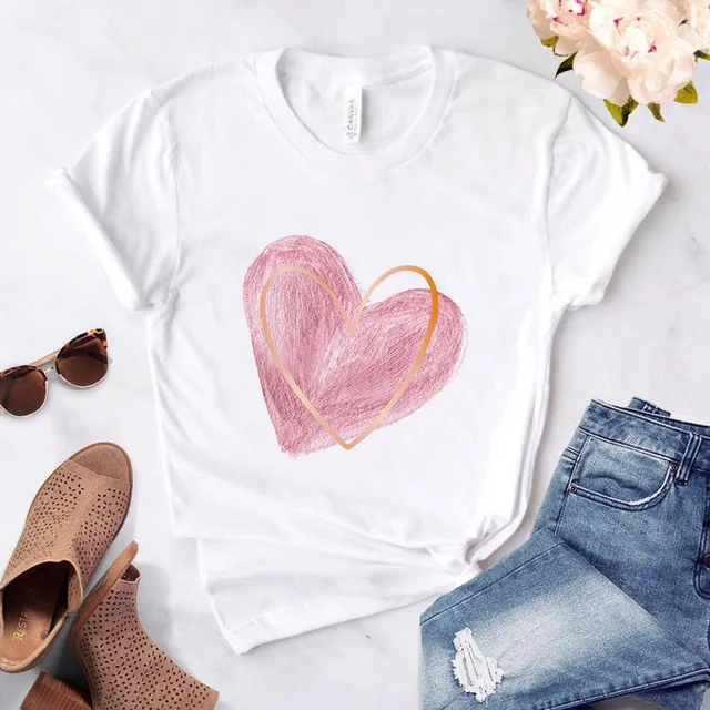 Heart flower print ladies T-shirt ladies casual basis O-collar white shirt short sleeve ladies T-shirt love graphic printing 28764