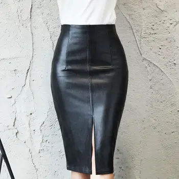 

Women Sexy Package Hip Pu Leather Skirt Fashion Solid Color Slim Pencil Skirt Empire Spring High Waist Split Bodycon Skirt