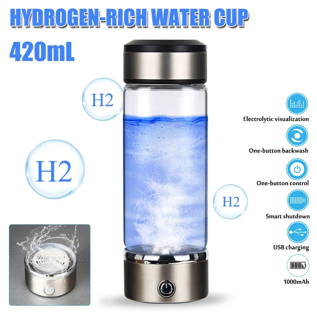 

Rechargeable Negative Ion Water Cup 420ML Hydrogens-rich Water Cup Water Generator Alkaline Maker Portable Water Ionizer Bottle
