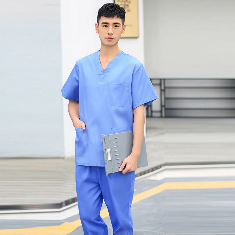 Для женщин и мужчин классический скраб-Топ V воротник рубашка с коротким рукавом Чистый хлопок медицинская форма сплошной цвет хирургический доктор рабочая одежда медсестры - Цвет: blue
