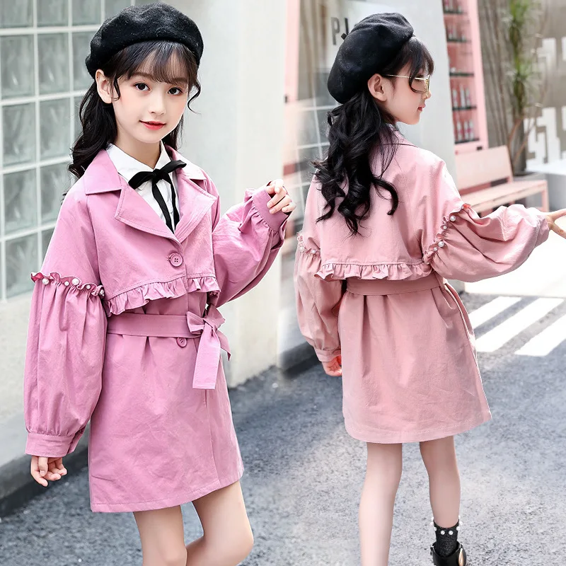

Girls 2019 Spring Clothing New Style Princess Trench Coat Korean-style Puff Sleeve Pearl Extended Edition Trench Coat Belt Waist