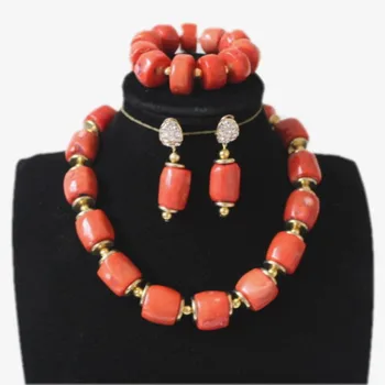

4UJewelry Choker Necklace Set Orange And Gold 15mm Nature Coral Beads Bridal Jewelry Set For Wedding Bride Earring Necklace Set Bracelet