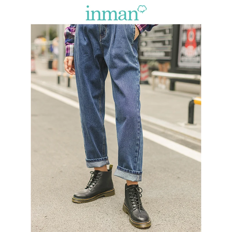 

INMAN 2019 Autumn Winter New Arrival Mudium High Waist Fashion All Matched Slim Contrast Embroidery Women Pencil Jeans