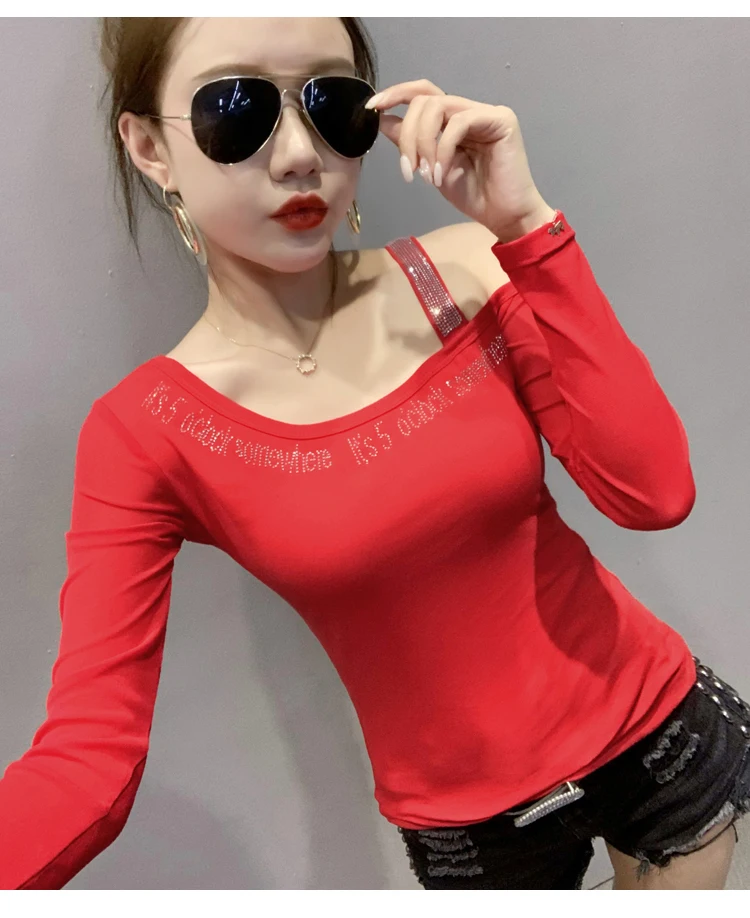 2020 Autumn New women tops Fashion long sleeve sexy off the shoulder women t-shirt hot drilling Elegant slim women clothing
